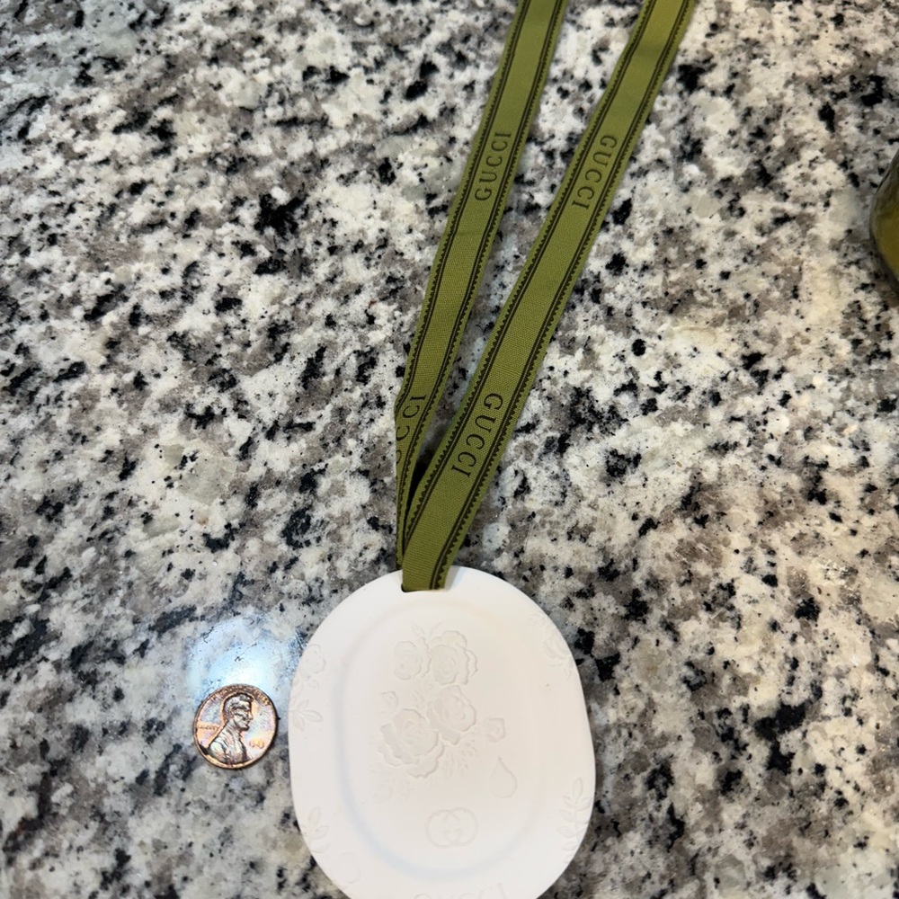 New Gucci Olive Green Lanyard with White Porcelain Car or Tree ornament Gift